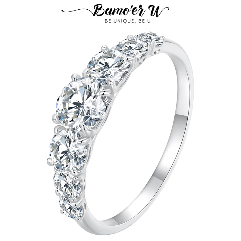 Bamoer U 1.4CT Moissanite Ring Round Cut 7 Stones Lab Diamond Finger Ring for Woman Sterling Silver Wedding Gift D Color VVS1