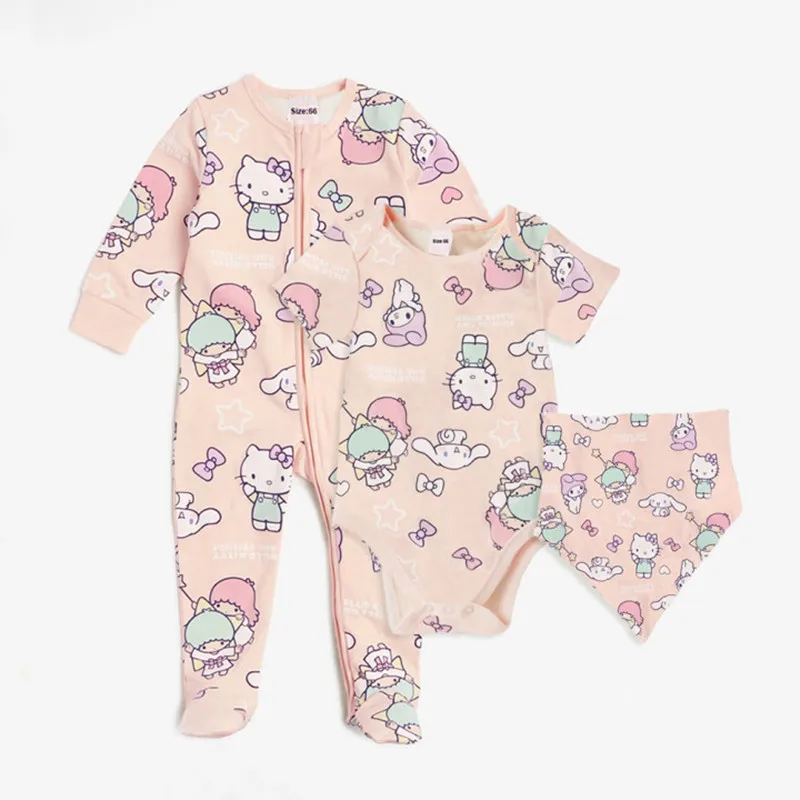 3Pcs/set Spring Summer Baby Girl Jumpsuits Cute Hello Kitty Sanrio Mymelody Cinnamoroll Print Rompers + bib Newborn Boy Clothes