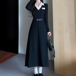 Large Size POLO Collar Zipper Black Base Long Skirt Fat Mm Korean Drama Female Lead Waist Cinching Slimming Long Sleeved Dress