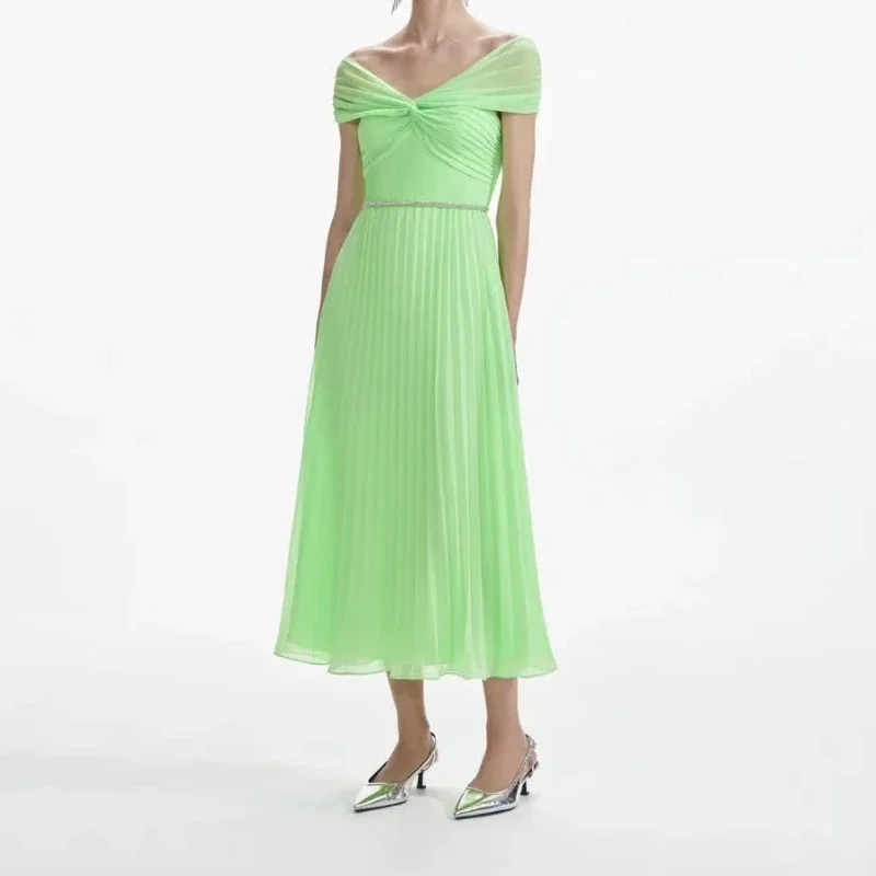 

Green Chiffon Off The Shoulder Collar Sleeveless Pleat Ruffles Casual Midi Dress 2024 Summer Holiday High Quality for Women