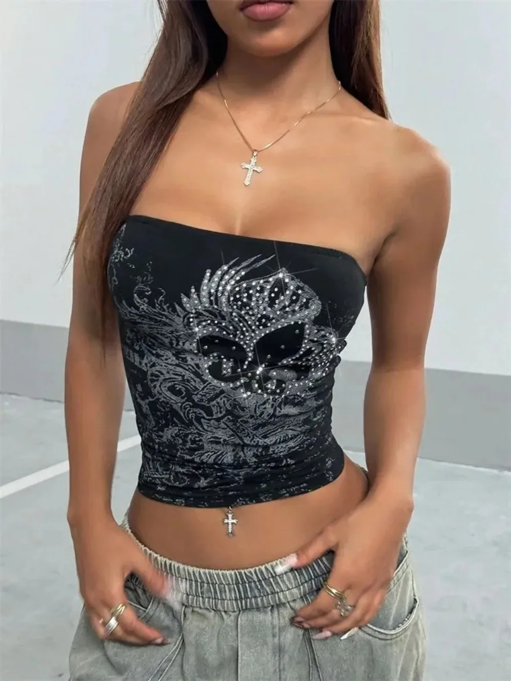 

Rhinestones Crop Top for Women Summer Sexy Goth Off the Shoulder Printed Tube Top Clothes Streetwear