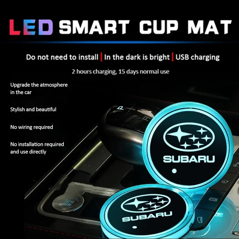 2pcs LED Colorful Car Smart Water Cup Mat Auto Ambient Light for Subaru WRX DRL XV STI Outback Legacy Forester Impreza Tribeca