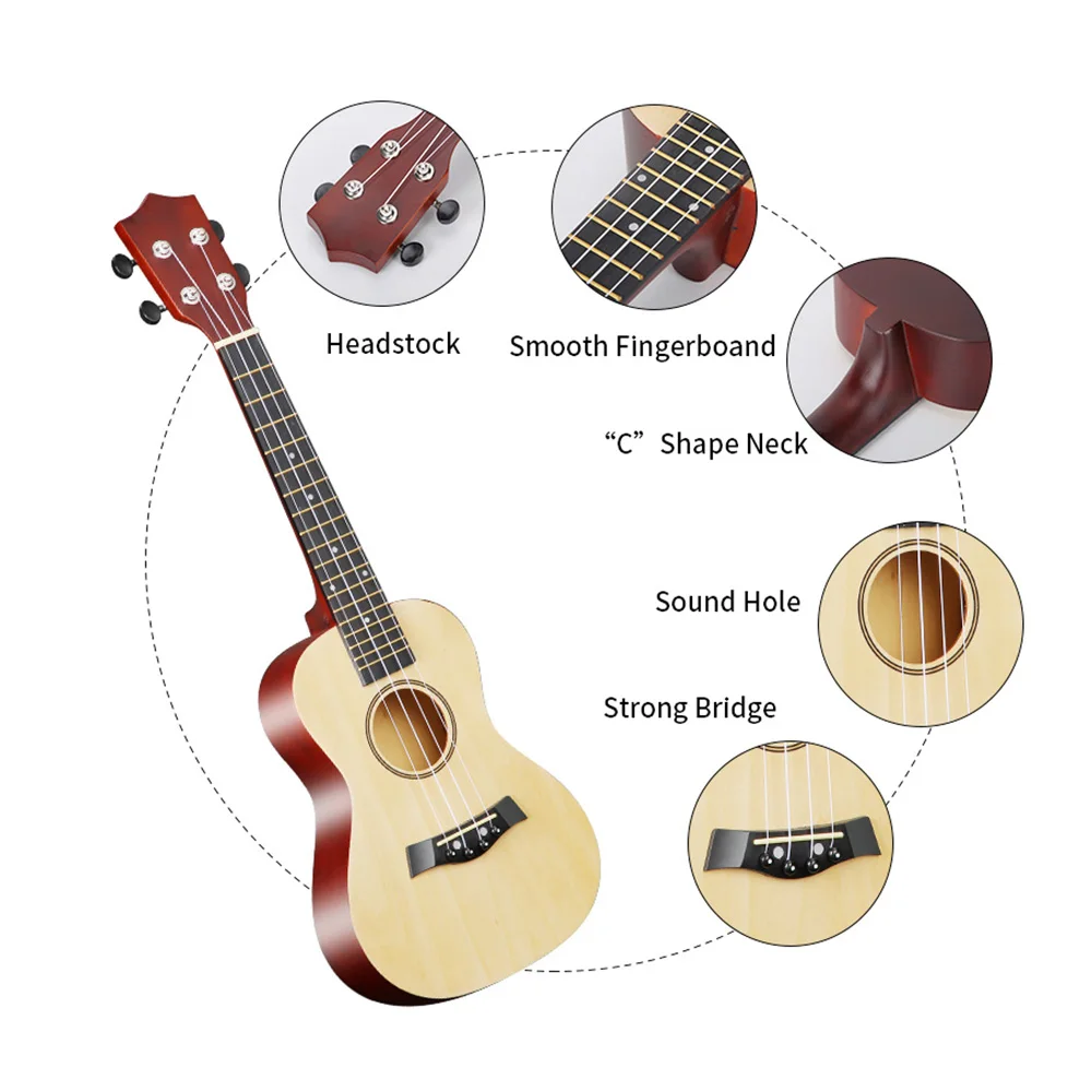 23-inch Ukulele Acoustic Ukulele Kit with Storage Bag Strap Bridge Pin Pitch Shifter Pickup Tuner Cleaning Cloth Basswood