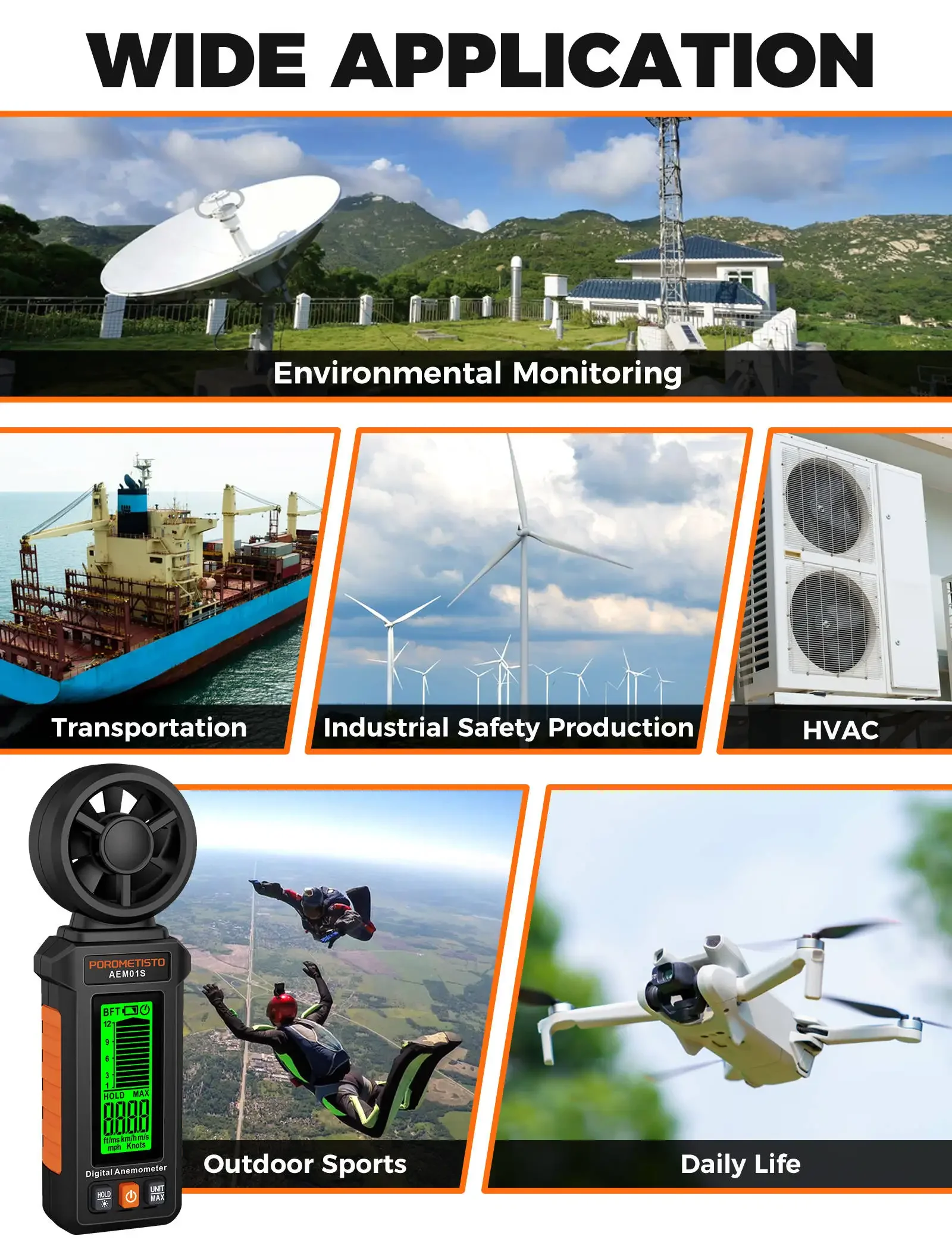 Digitales Anemometer 0,4~30,00 m/s Handgehaltenes Windgeschwindigkeitsmessgerät Luftgeschwindigkeit Luftstromrate mit LCD-Hintergrundbeleuchtung CFM CMM CMS Messwerkzeug – Detail 26