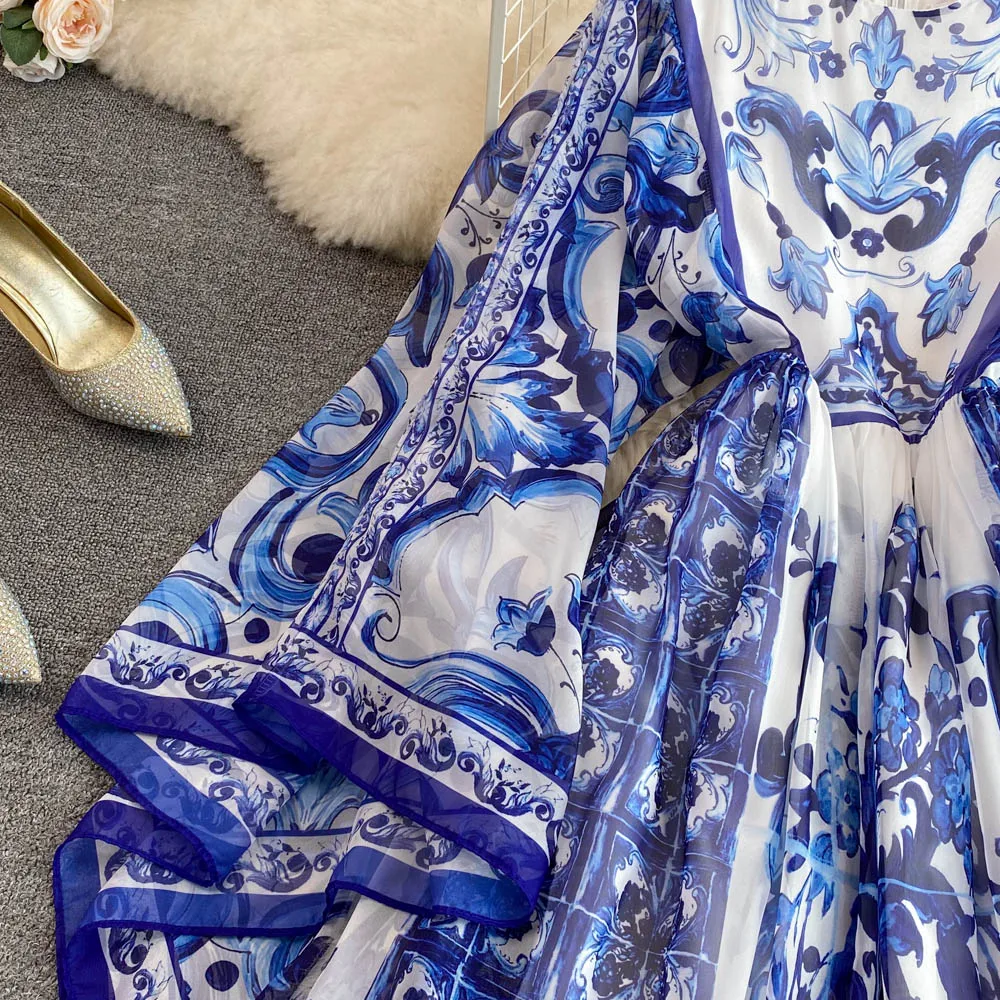 Maxi Dress Women Batwing Sleeve Blue and White Porcelain Printing Bohemian Vacation Fashion Designer Summer Dresses Faldas 2022