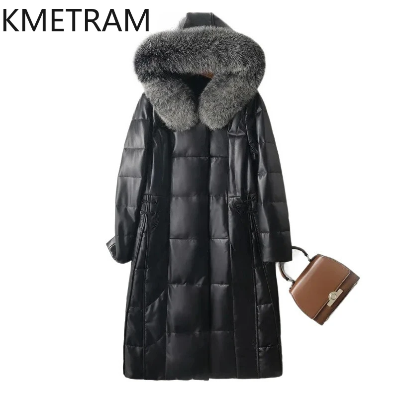 Veste en cuir véritable femmes à capuche épaissie doudoune pour femmes 2025 hiver mi-longue vers le bas manteaux col de fourrure de renard Jaqueta