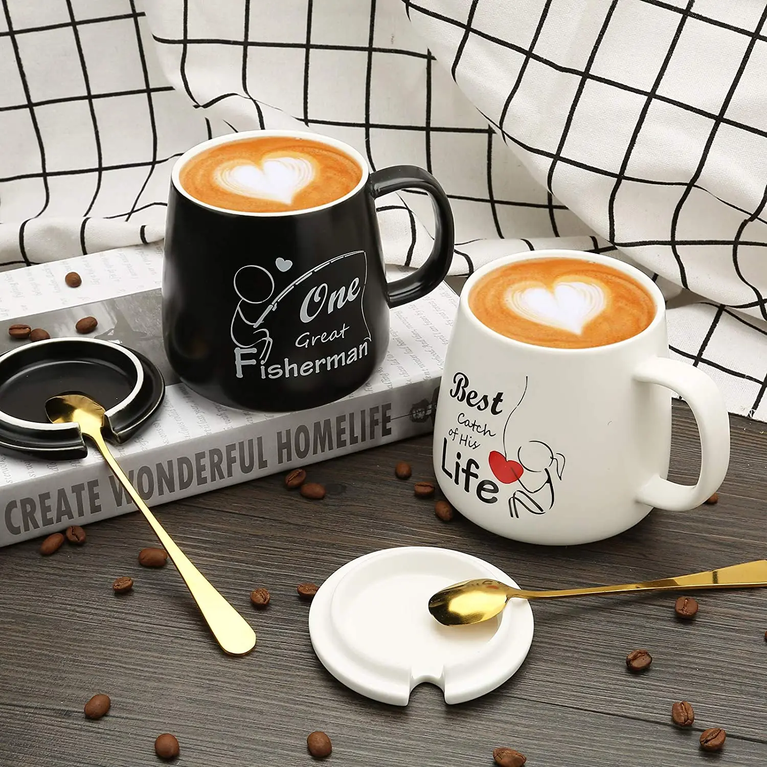 Coffee Couple Mugs Gift-Set - One Great Fisherman Best Catch of His Life Unique Engagement Wedding Gifts for Couples