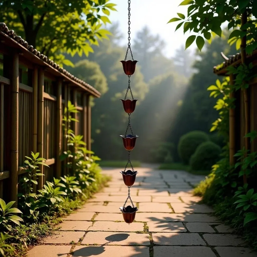 Japanese Style Metal Tulip Rain Chain 7 Cups Hanging Rain Chain for Gutters Directs Water Iron Art Rain Catcher Landscape