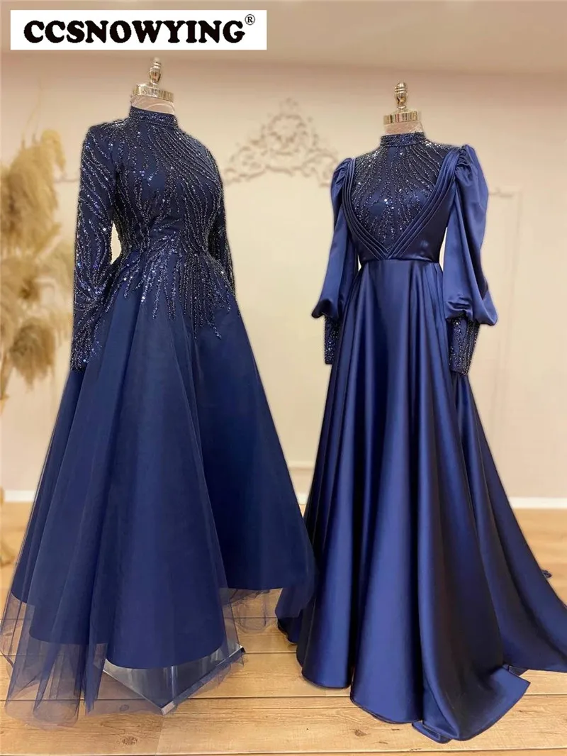 Long Sleeve Appliques Muslim Evening Dresses High Neck Hijab Islamic Formal Party Gown Arabic Kaftan Women Beaded Robe De Soiree