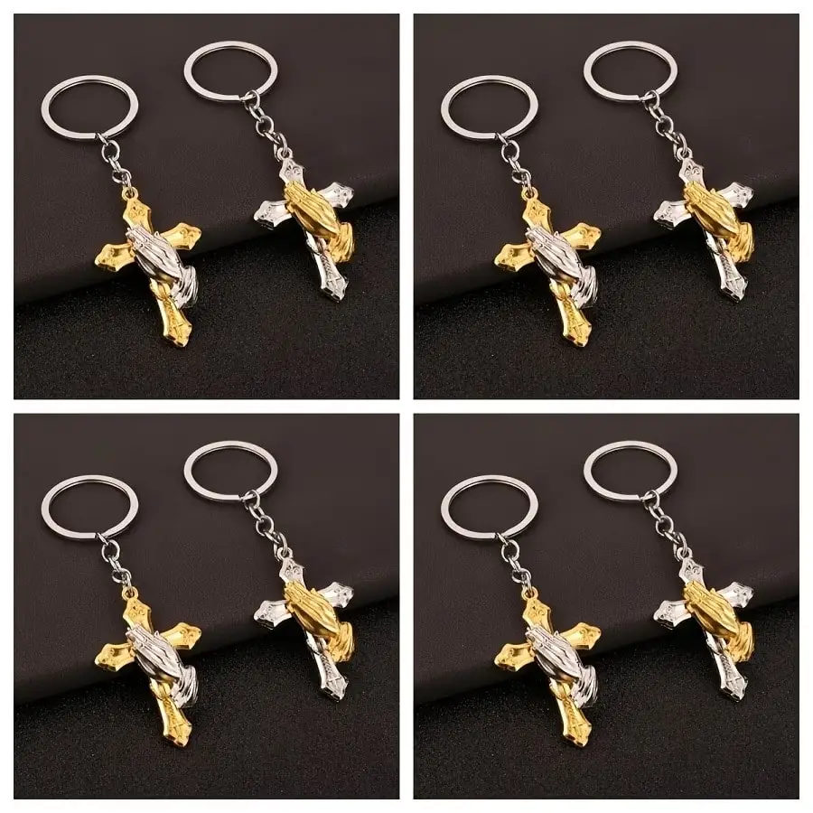 30-Piece (10 Sets) Religious Keychain Gifts - Metal Cross Pendant with Separate Rings, Elegant Baptism/Easter/Communion/Funeral
