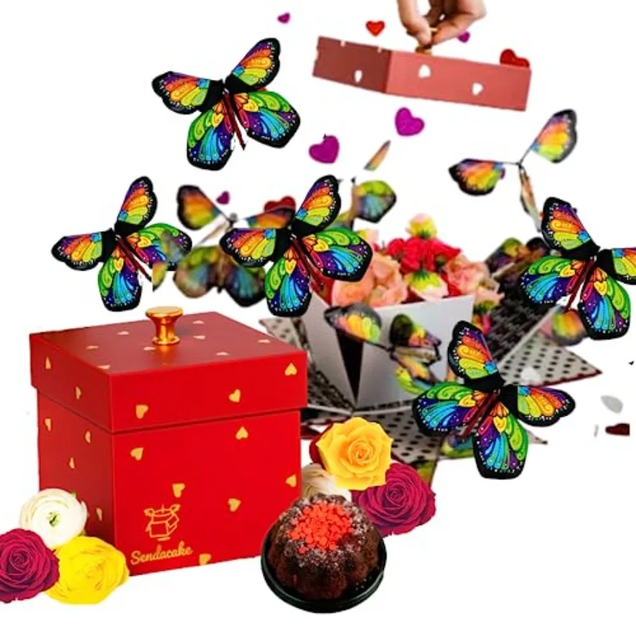 

Romantic Birthday Gift Box for Women, Men, Mom, Dad, Friends Butterfly Explosion Design on Red Velvet Mini Bundt Cake with Flow