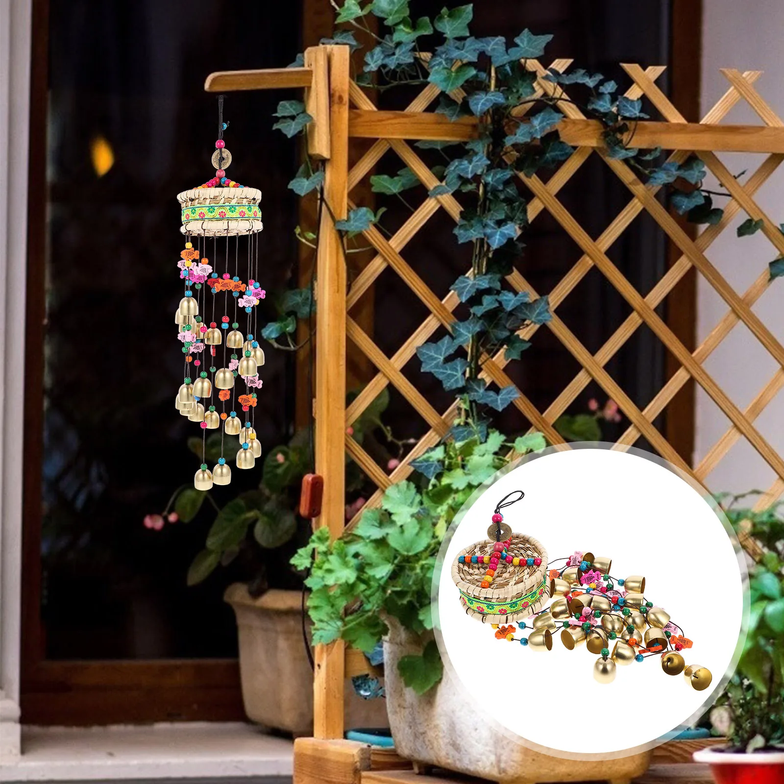 

Wind Chime Decorative Hanging nament Copper Ethnic Style Creative Wind Bell Room Window Party Decoration Embroidery Grass Leaf