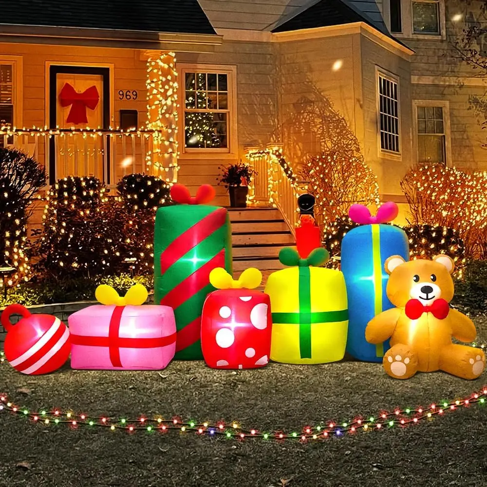 10FT Giant Christmas Inflatables Outdoor Decorations Inflatables Bear And Six Gift Boxes Built-in LED Lights Outdoor Toys Xmas