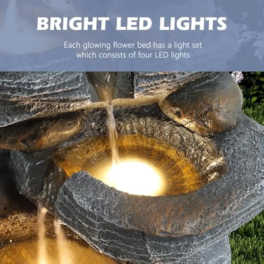 Cascading Stone Fountain With Lights Outdoor Garden Waterfall