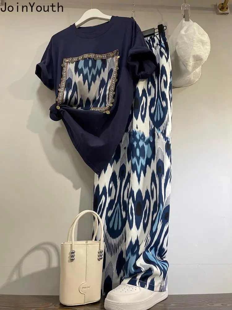 Summer Two Piece Set 2024 Women Clothing Print Short Sleeve Tshirts High Waist Chiffon Wide Leg Pants Outfits Casual Korean Suit