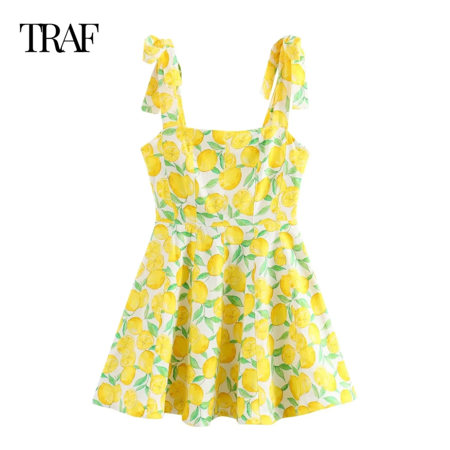 TRAF Women Fashion Summer New Sexy Fruit Printed Bow Sleeveless French Backless Sling Mini Dress Chic Elegant Evening Mujer