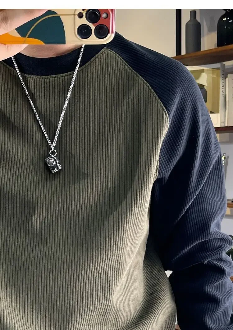 New Men's Long Sleeved Round Neck Pullover Casual Base Sweater with Vertical Stripe Splicing Contrasting Color Sweatshirt XJ170