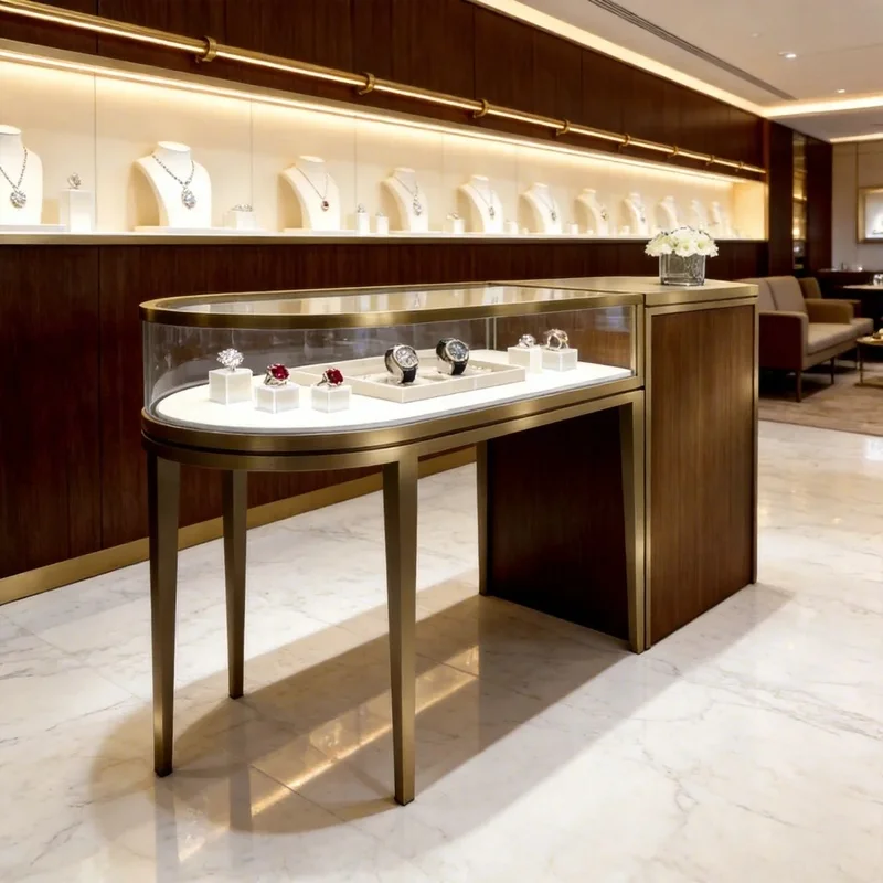 custom.Modern Stainless Steel LED Heavy Duty Recyclable Jewelry Cabinet Eco-Friendly Design Beautiful Glass Counter Golden Frame