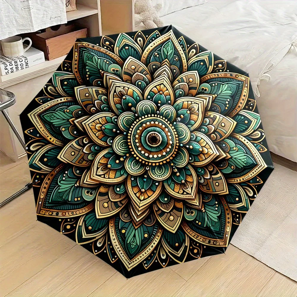 

Automatic Open/Close Folding Umbrella with Mandala Pattern - Teal, Golden & Black Elegant Design, Compact Travel Umbrella with