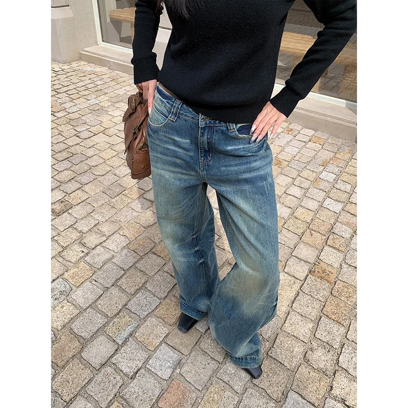 ベニュインフィー 2025 秋冬 アメリカンレトロ ミッドウエストジーンズ レディースファッション ルーズウォッシュド ストレートワイドレッグデニムパンツ