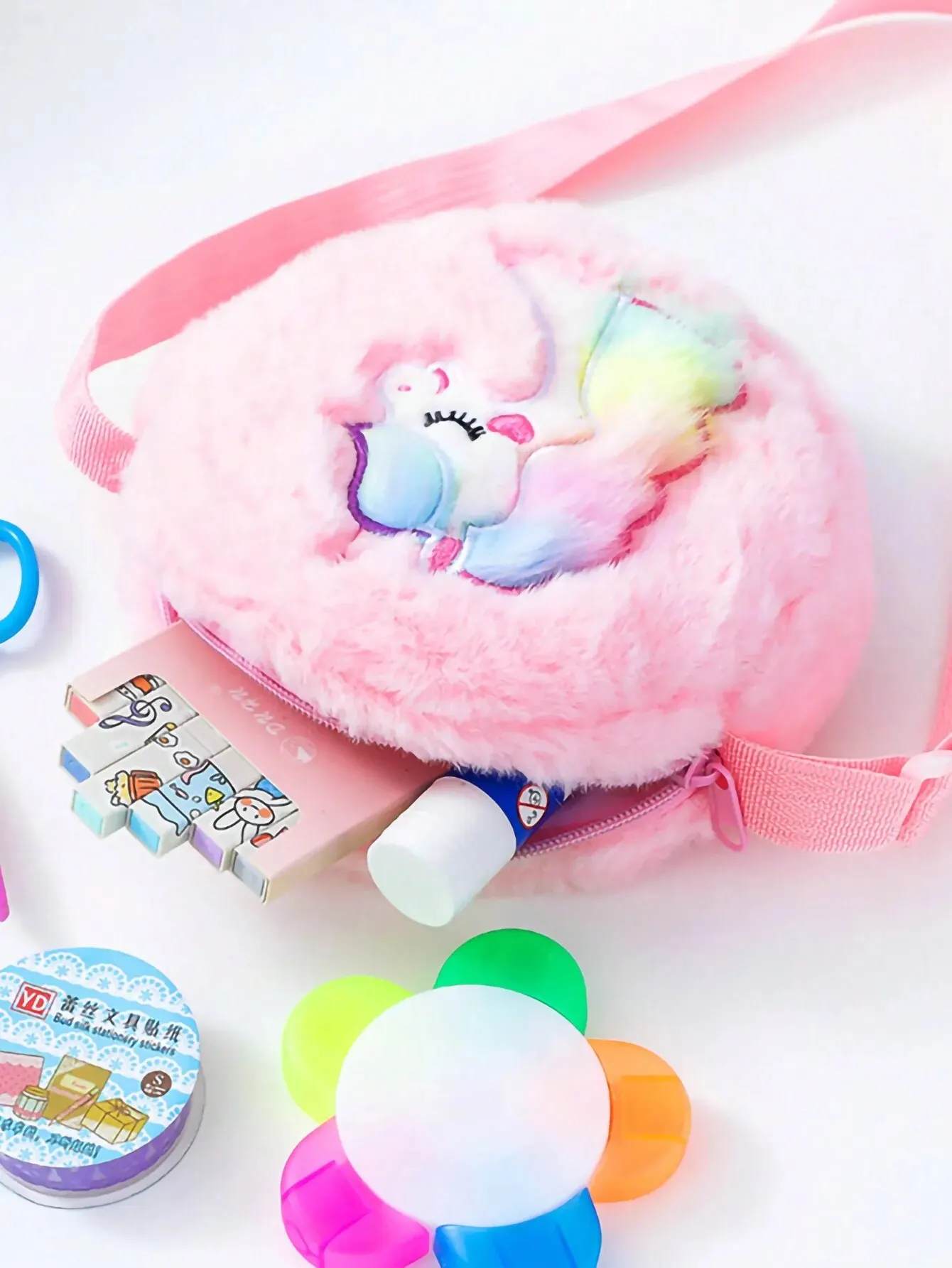 1 PC Cute Cartoon Unicorn Furry Crossbody Bag, Shoulder Bag, Girls Small Backpack, Suitable For School Holiday Gifts