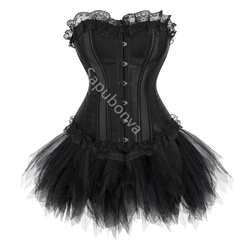 Sapubonva Corset Dress Women Sexy Vintage Overbust Corsets Bustier Skirt Set Lace Fashion Plus Size Gothic Victorian Costume