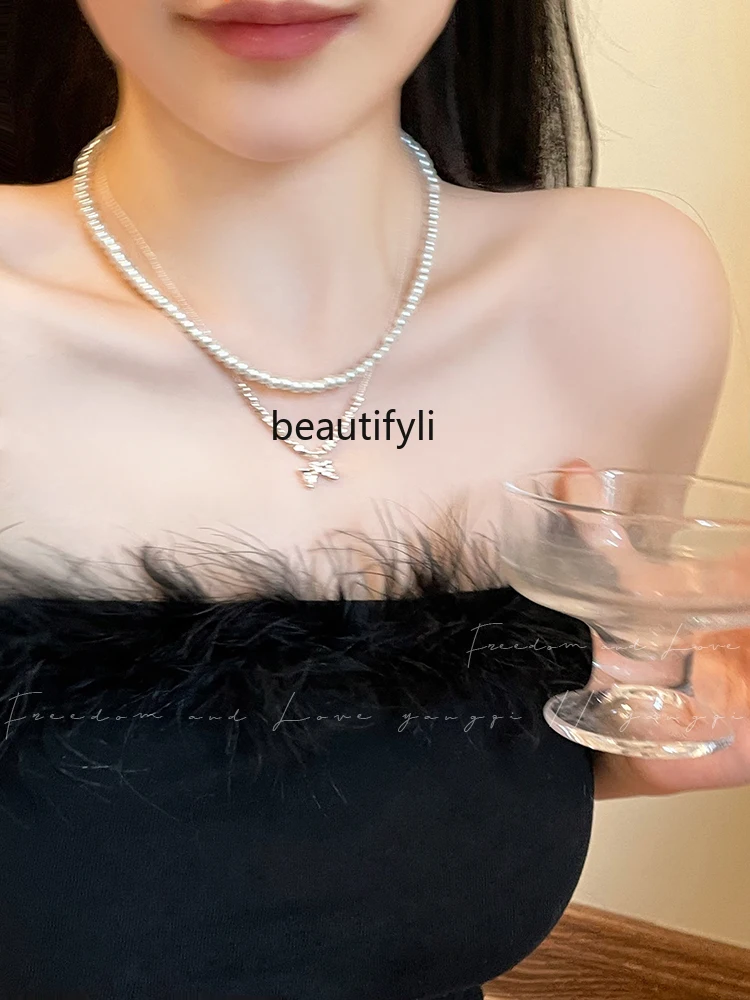 

Bow Pearl Double Layer Twin Necklace Female Light Luxury Minority Design Accessories Temperament Wild Clavicle Chain