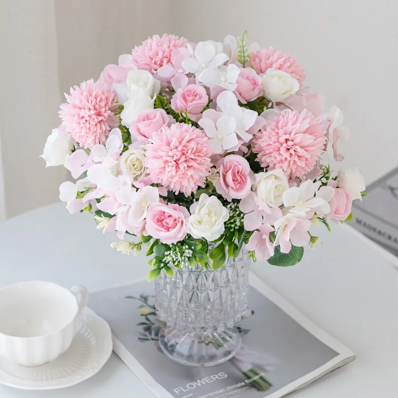 Seidenrosen-Chrysanthemen-Brautstrauß Künstliche Blumen Hochzeit Büro Dekorative Ornamente Festival-Kranz Zubehör DIY Geschenke – Detail 10