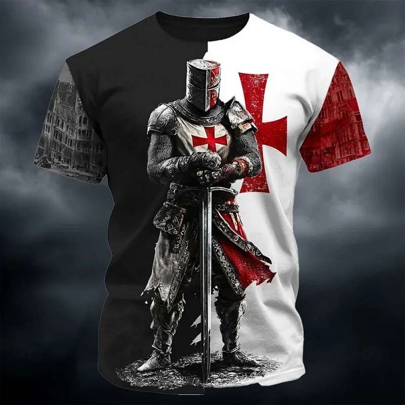 Herren-T-Shirt mit 3D-Druck im Templer-Ritter-Design, Schwarz-Weiß mit Rotem Kreuz, Lässiges Kurzarm-Übergrößen-Streetwear-Shirt