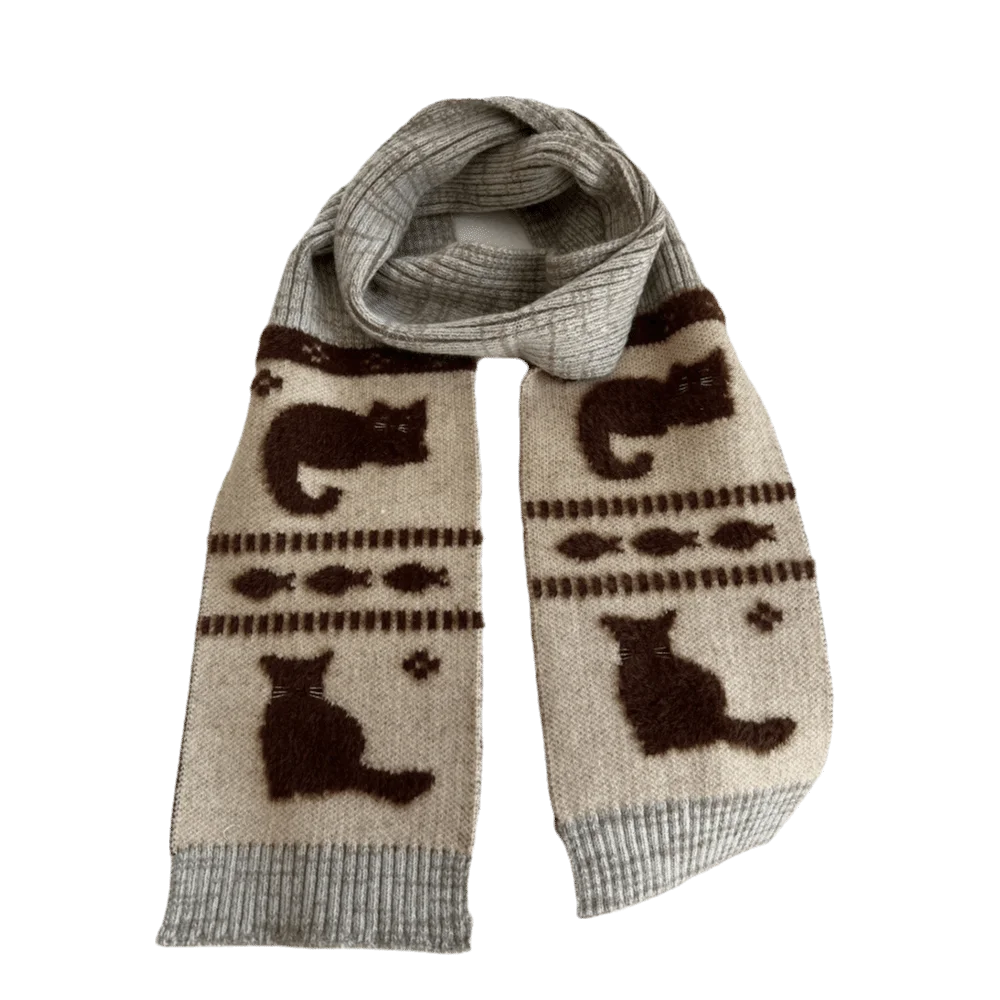 

Милый крутой вязаный шарф с рисунком кота, пушистый жаккардовый шейный платок для щенка, повседневный зимний шерстяной шарф в японском стиле, уличный