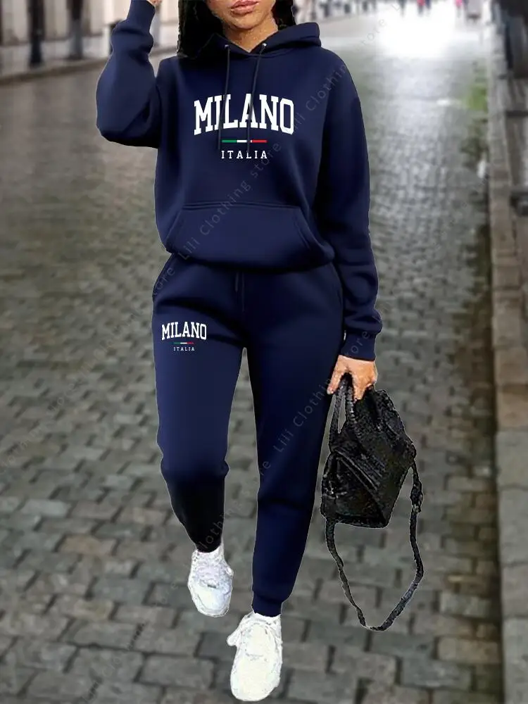 MILANO Hosen-Sets für Damen, hochwertige Sweatshirt-Sweatpants-Kapuzenjacke, 2-teiliges Herbst-Winter-Outfit, Damen-Trainingsanzug – Detail 13