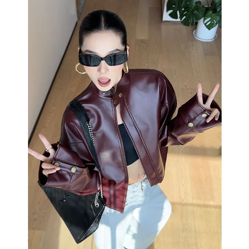 Women's Spring Autumn Tops Jacket Leather Coat Standing Collar Long Sleeve Cardigan Vintage Casual Designed Fashion Niche Skinny