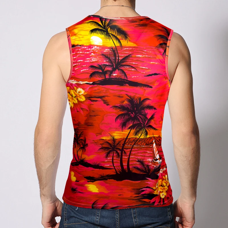 Męski strój plażowy na lato 2025, nadruk zachodu słońca, ognistych chmur, męska codzienna kamizelka, lekkie, oddychające, wysokiej jakości szorty.