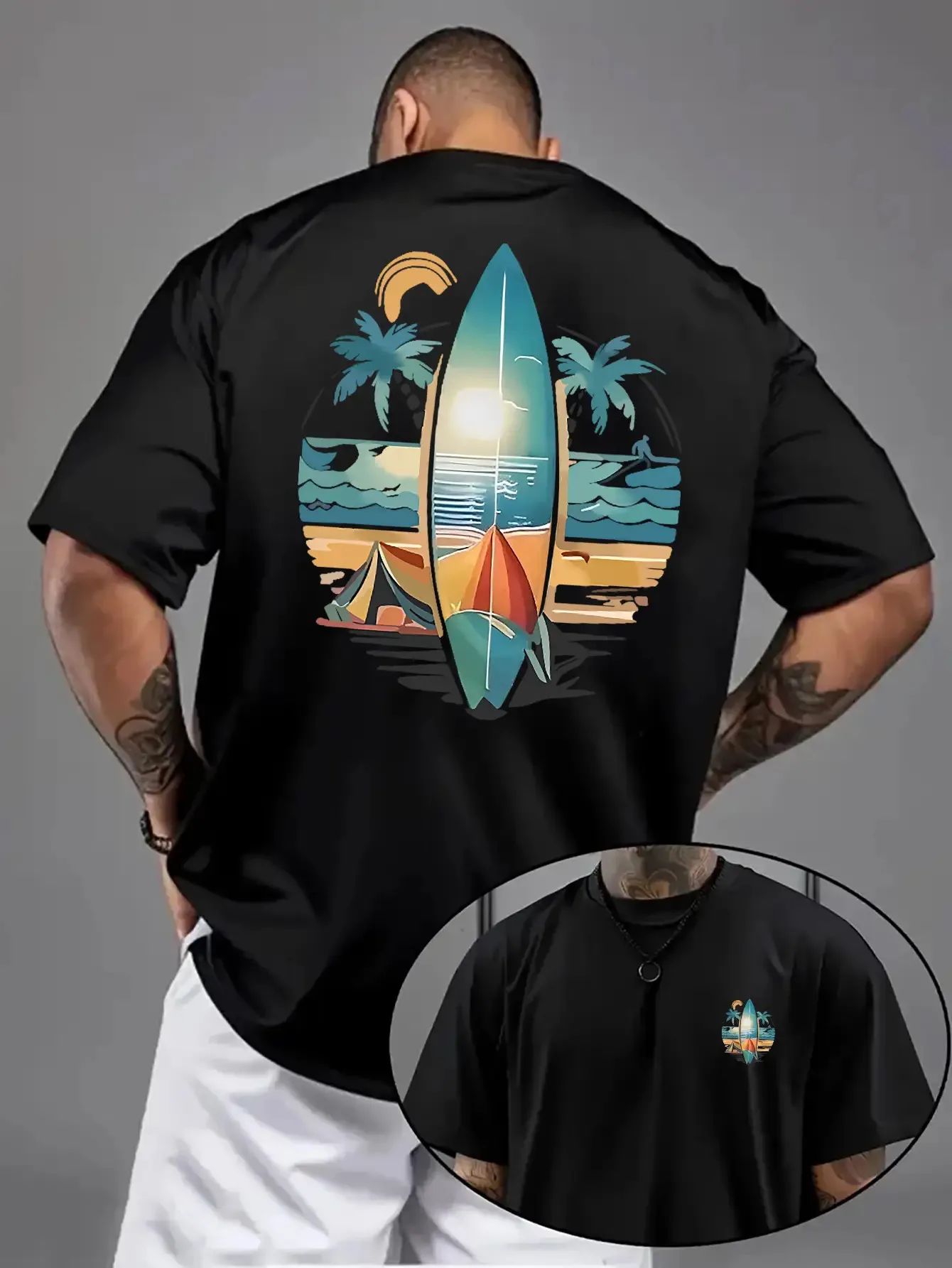 Herren Freizeit Kurzarm-T-Shirt, 100% Baumwolle, Bedrucktes Surfbrett-Muster, Trendiges Lockeres Rundhals-T-Shirt