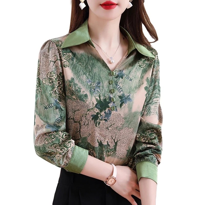 

New Fashion Printed Shirts Women Elegant Turn-down Collar Long Sleeve Satin Blouse Tops Women Casual All Match Female Clothes