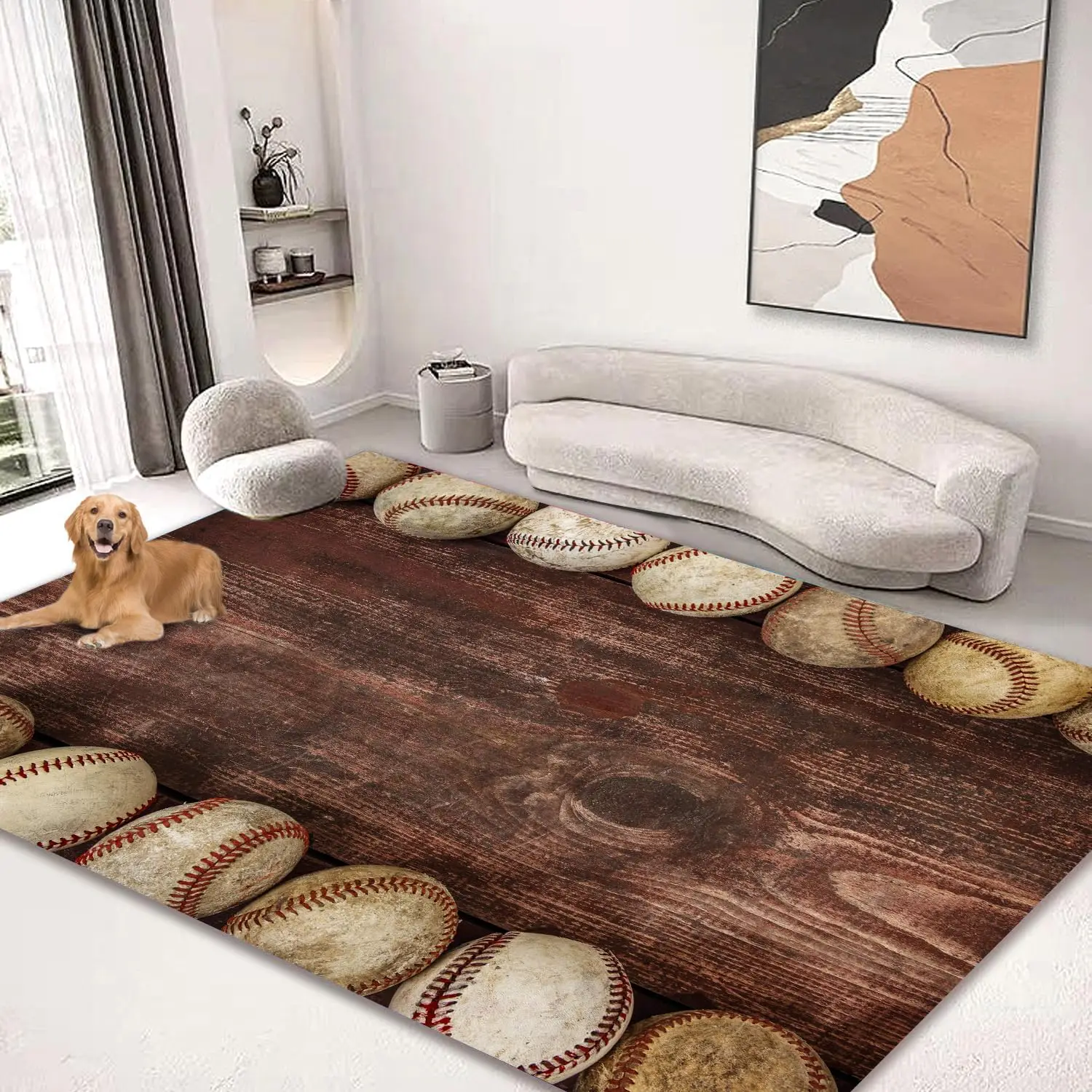 

Large Area Rug 5x6 Microfiber Polyester Non Slip Vintage Baseball Wood Design For Living Room Bedroom