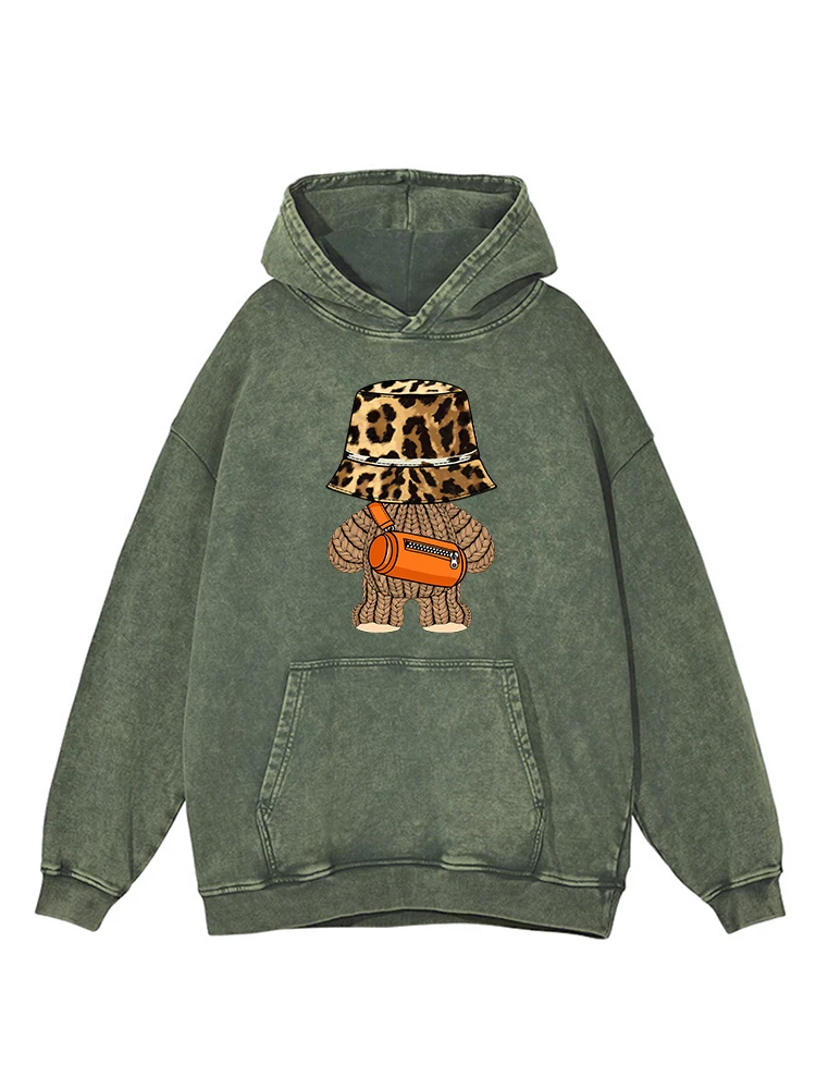 Hip Hop Tide Little Bear Print Gewassen Distressed Vrouwen Hoodie Mode Oversize Vintage Hoody Herfst Warm Katoen Basic Kleding