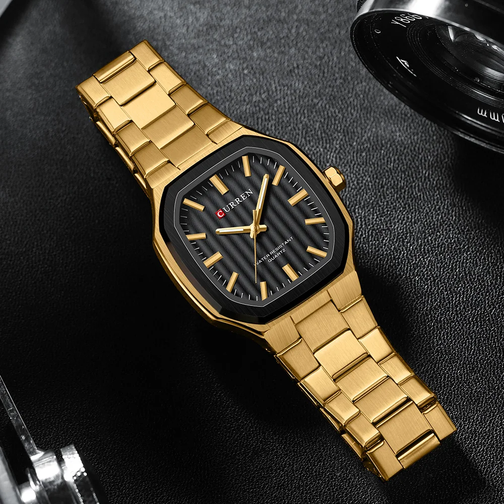 CURREN Simple Thin Quartz Wristwatch Fashion Design Square Watch with Stainless Steel Bracelet Waterproof Clock