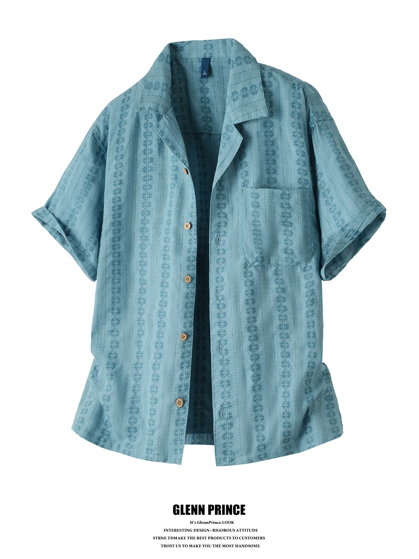

Casual Cuban Collar Shirt Short Sleeve Embroidery Texture Men's Loose Fit Summer Breathable Polyester Cotton Blend Shirt