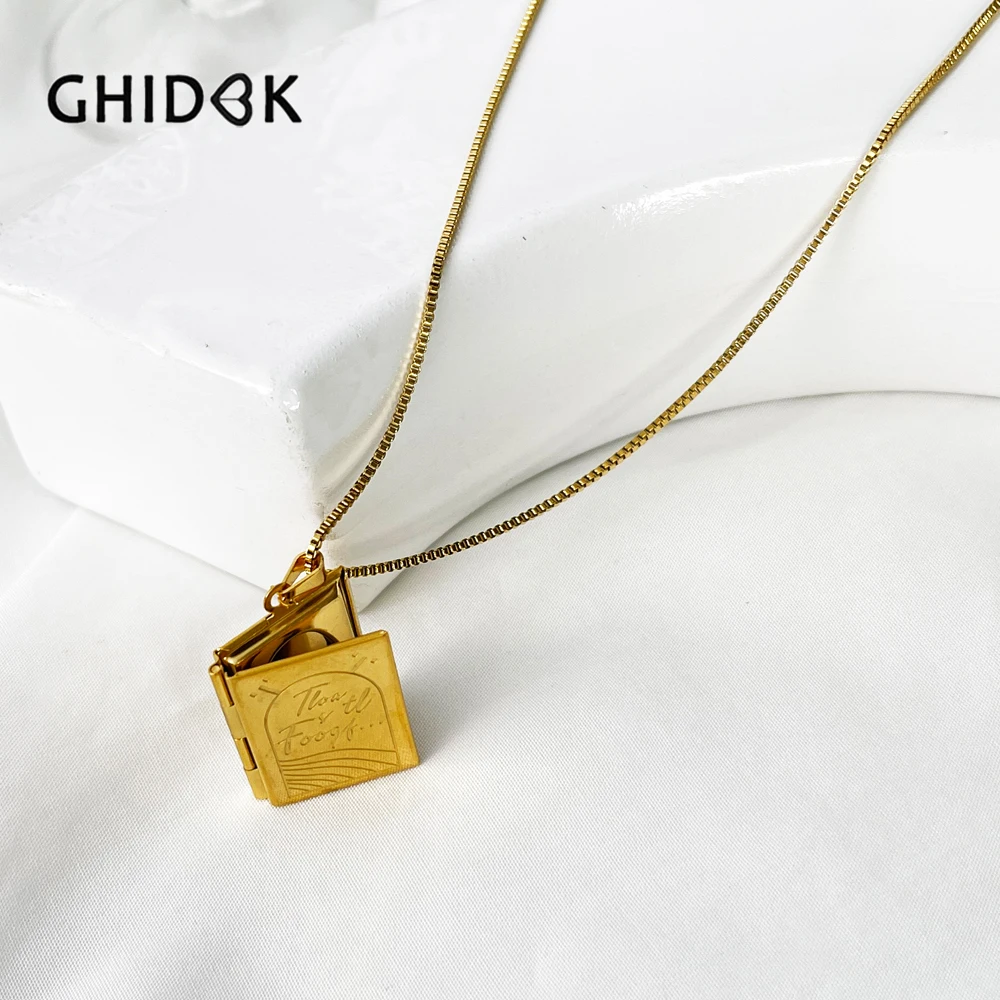 GHIDBK New Stainless Steel 18K Gold Pvd Plated Engraved Book Locket Pendant Necklace Photo Locket Necklaces Graduation Gifts