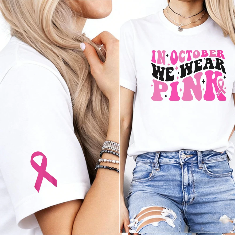 Retro Font in October We Wear Pink Women T Shirt Simple Pink Ribbon Cuff Graphic Breast Cancer Awareness Daily Casual Summer Tee