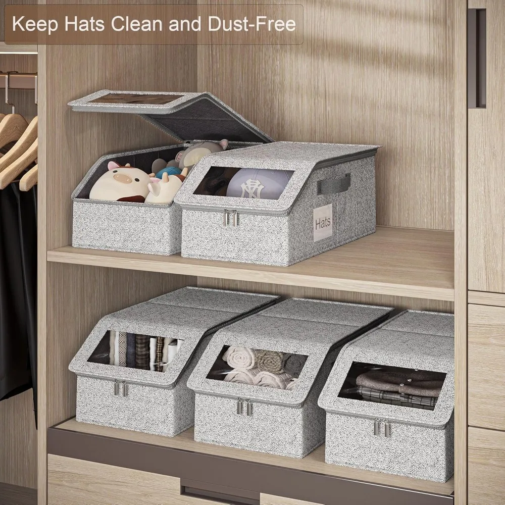 صندوق تخزين القبعة متعدد الوظائف لـ 48 قبعة بيسبول، رمادي مع نافذة شفافة وسحاب