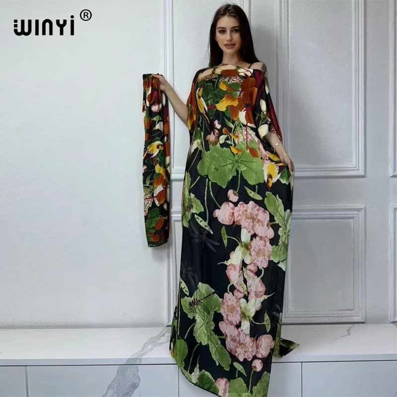 WINYI 2024 New African Women Dashiki boho print muslim woman dubai Free Size Design With Scarf Maxi Loose African Elegant Dress