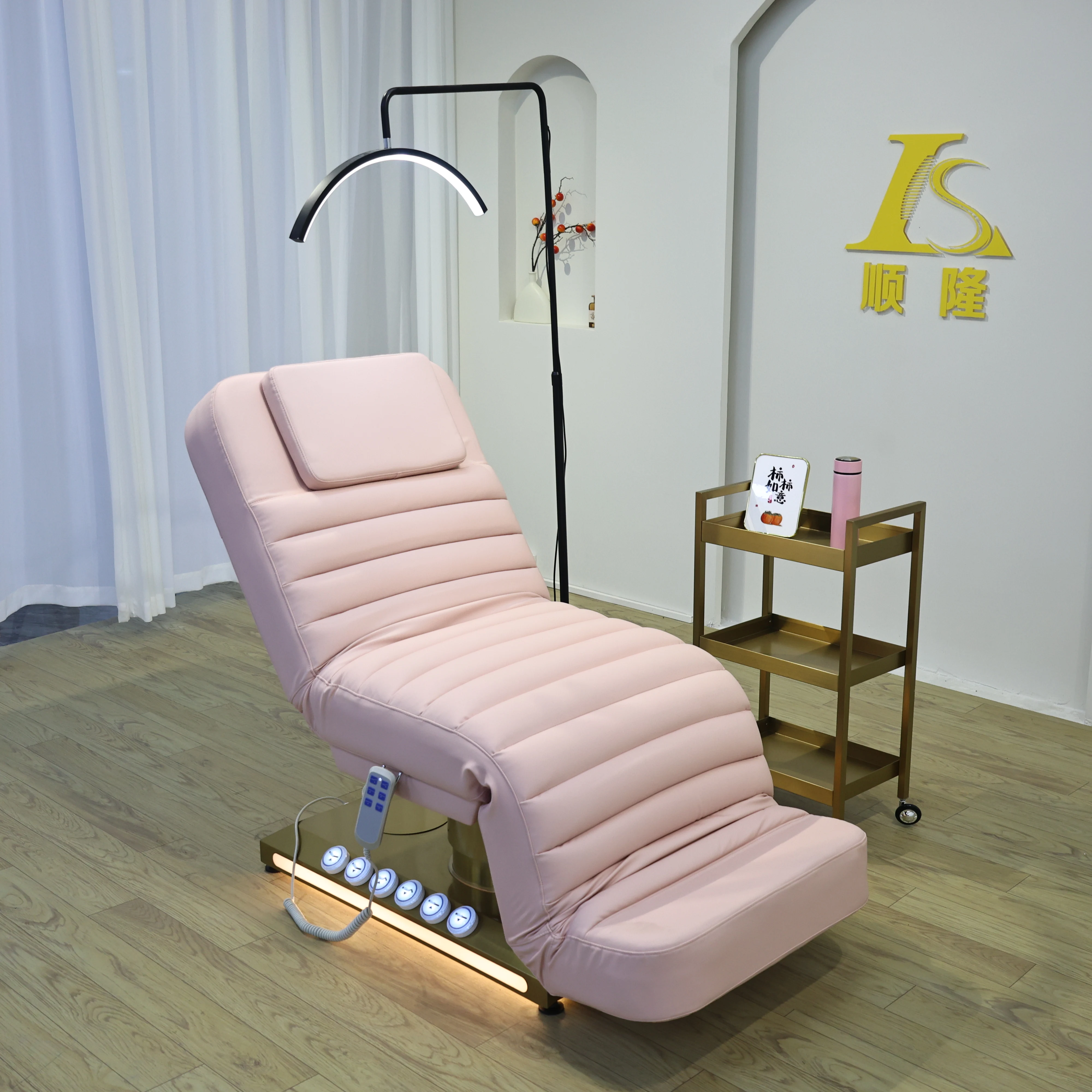 Electric Curved Eyelash Bed Light Pink PU Golden Base LED Light Remote Control Reclining Lash Extension Massage Table for Beauty