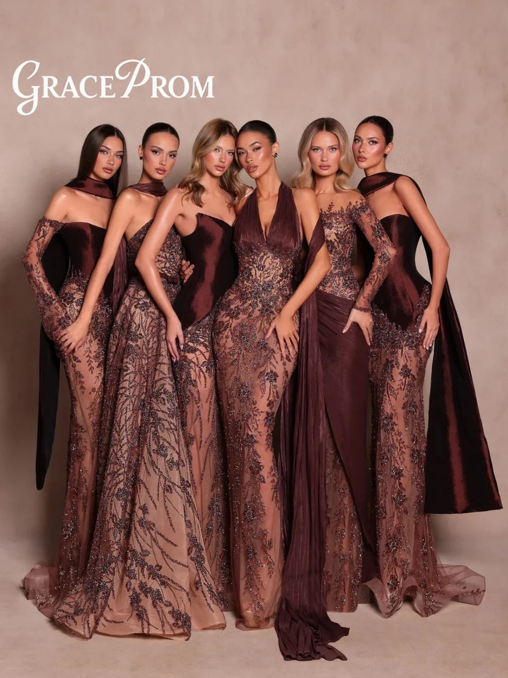 

GraceProm Formal Banquet Strapless Ball Dress Luxury Chocolate Beaded Evening Gown Sheer Tulle Detachable Choker فساتين سهرة