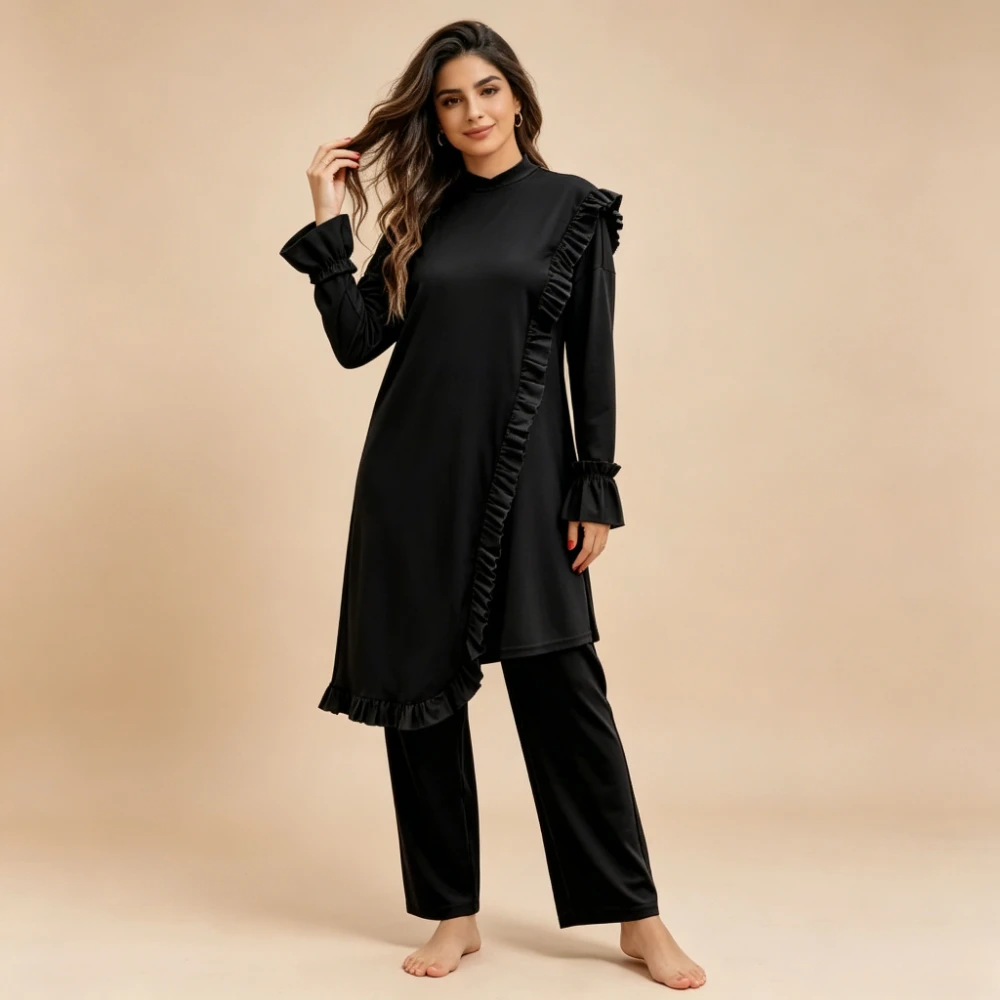 

3-Piece Ruffle Trim Muslim Burkini Swimsuit Modest Full Coverage Long Sleeve Swimwear with Hijab Islamic Bathing Suit Beachwear
