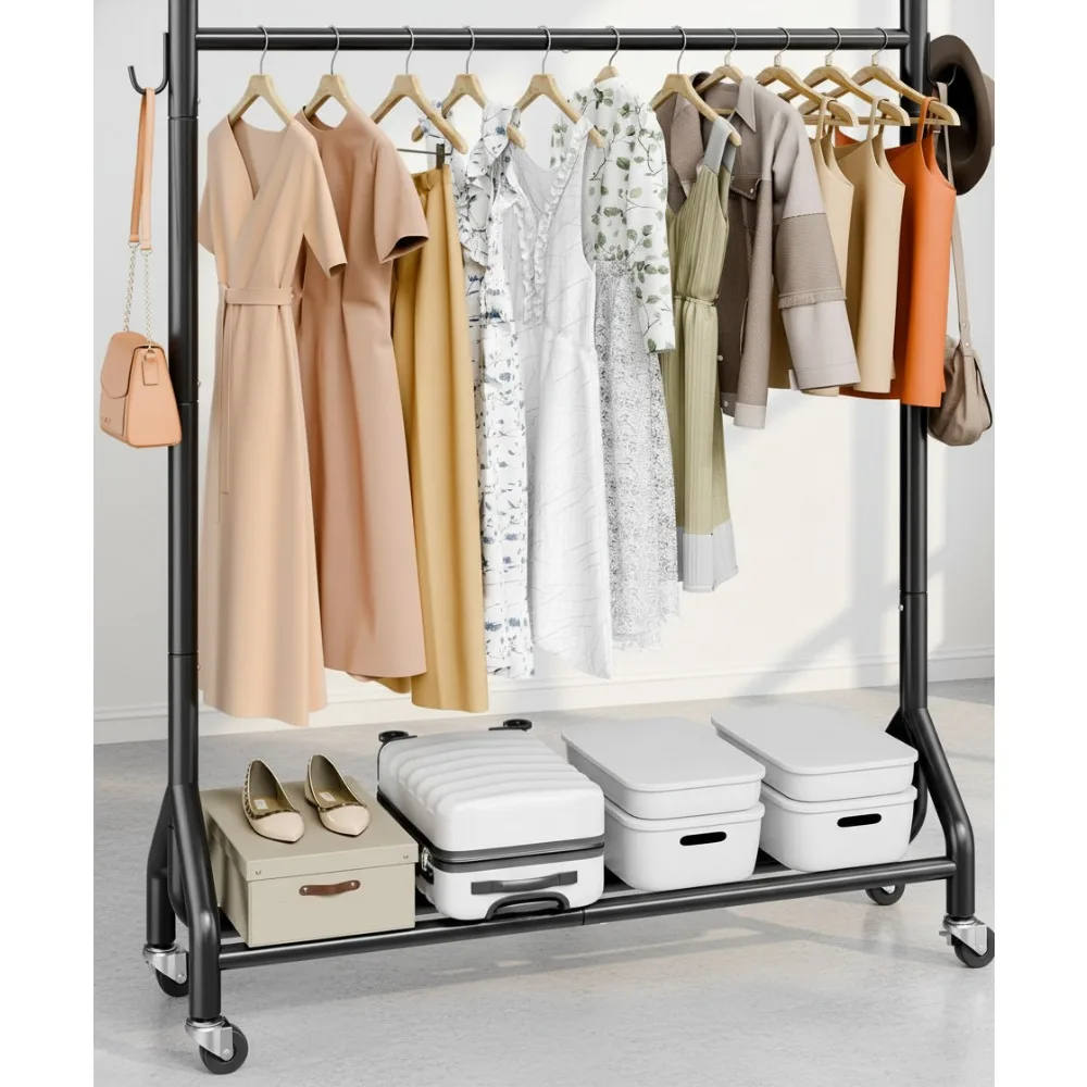 

Heavy Duty Rolling Clothes Rack with Shelves & Wheels, 198 lbs Capacity, Carbon Steel Garment Organizer for Bedroom Laundry