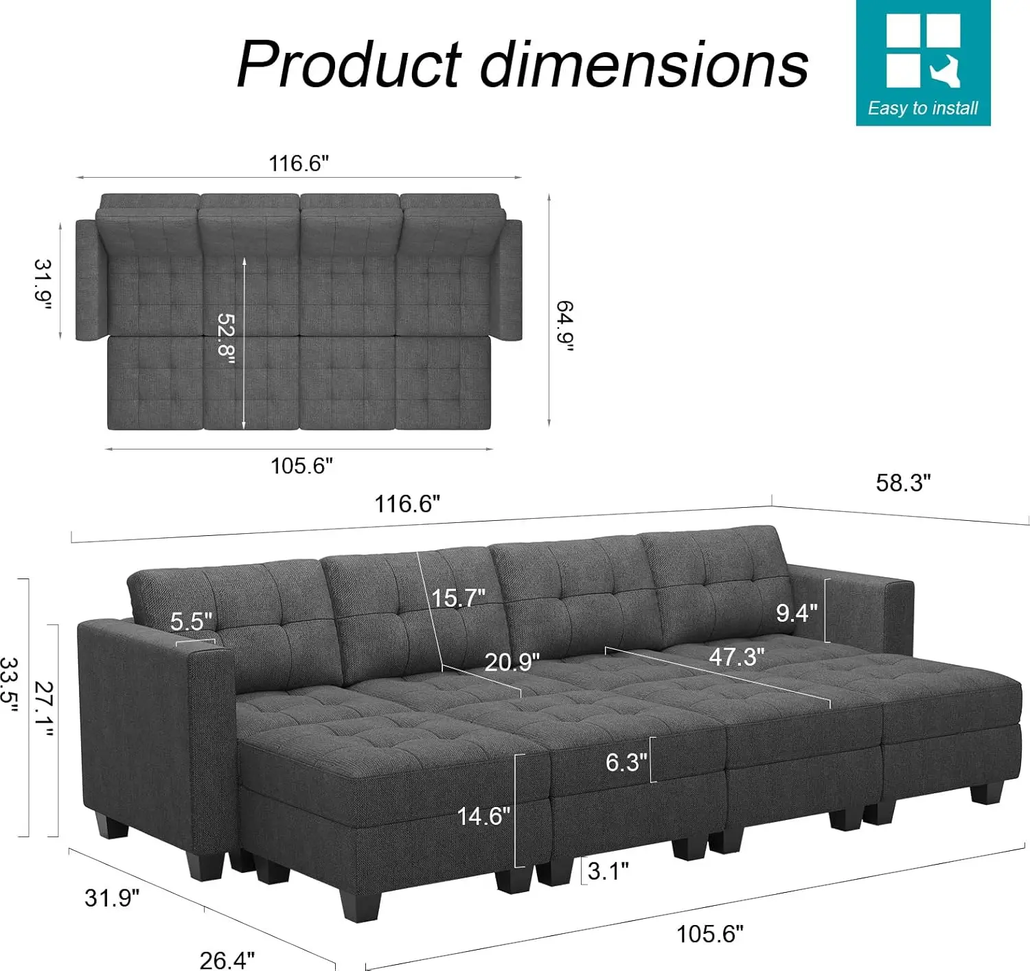 Storage Modular Sleeper Sofa Sectional Couch with Wide Chaises Convertible Sectional Sofa Bed Modular Sleeper Sectional