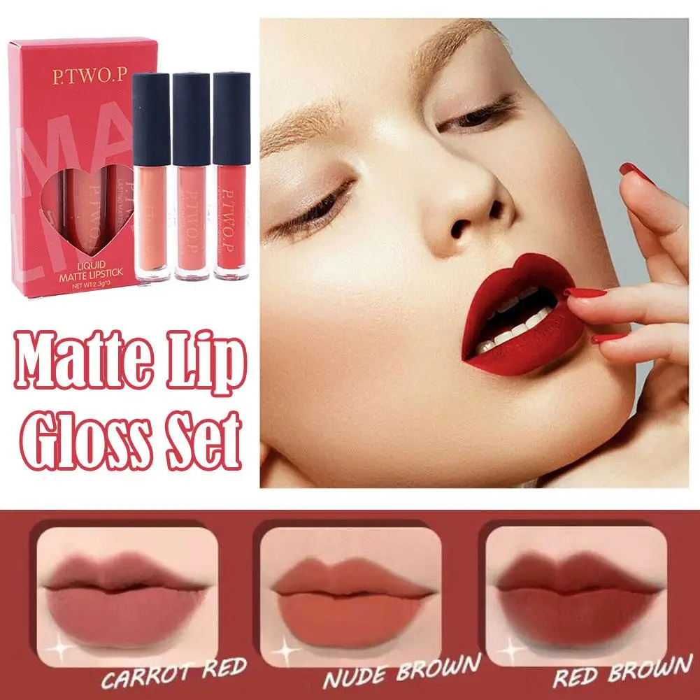 P.tw o.p 3pc Long Lasting Liquid Matte Lip Gloss Liquid Lip Lipstick antiaderente Gloss Cup Lip Makeup Red Waterproof Beauty G0m0