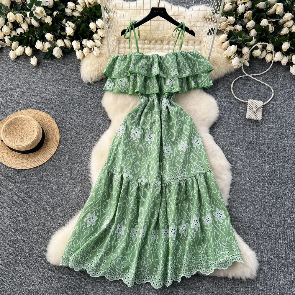 Retro  off shoulder slip ruffle cut out embroidery  Dress Beach Vacation Women Korean Fashion Summer Vestidos dresses